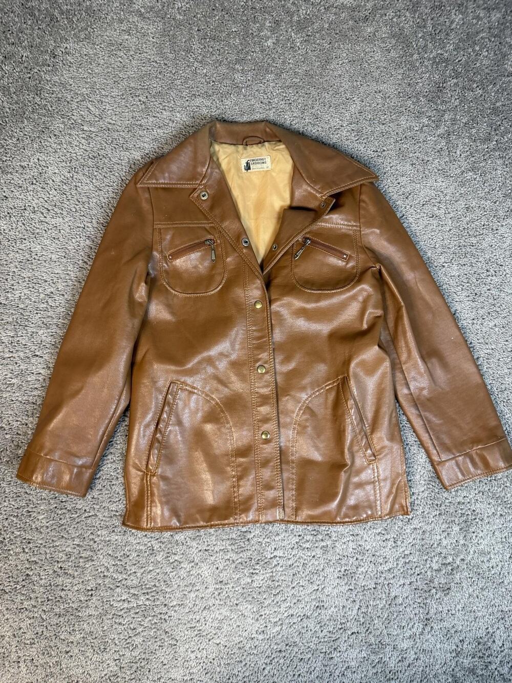 VTG Fingerhut Fashions Jacket Womens 12 Brown PVC Mid-Length Collared Pockets